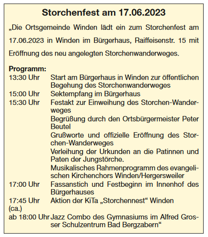 Mehr über den Artikel erfahren Einladung zum Storchenfest und zur Einweihung des Storchenwanderweges am 17. Juni 2023 in Winden